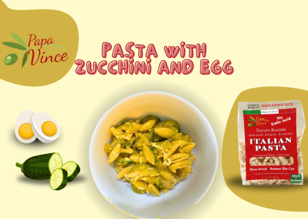 Ancient grains stone-ground pasta with zucchini and egg recipe
