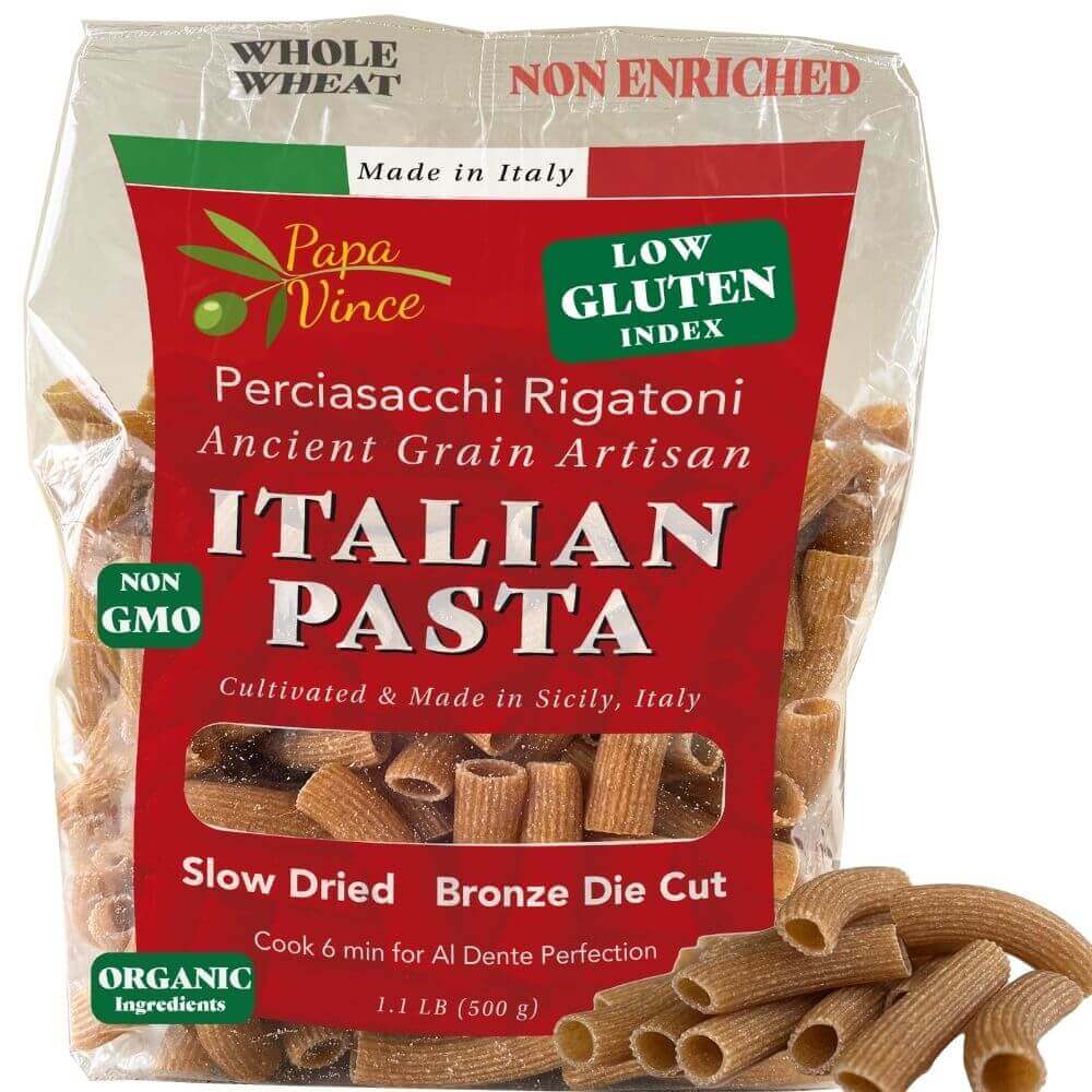 Organic Italian Heirloom Pasta Rigatoni, Whole Wheat, Non GMO, Organic, Non Enriched, Made in Italy, no low-gluten, no folic acid, ancient grain, bronze die cut, cold stone, ground al dente, front Papa Vince