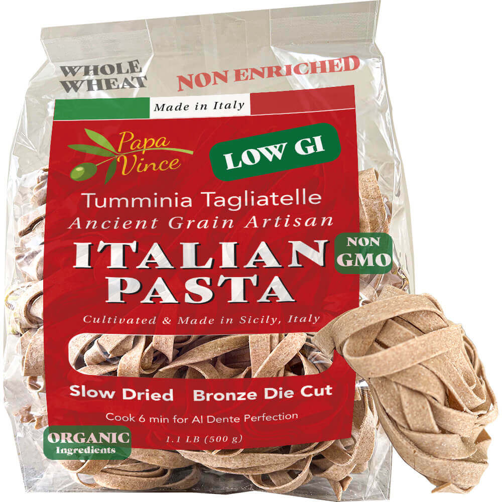 Low GI Pasta Tagliatelle, Whole Wheat, Non GMO, Organic, Non Enriched, Made in Italy, no low-gluten, no folic acid, ancient grain, bronze die cut, cold stone, ground al dente, front Papa Vince