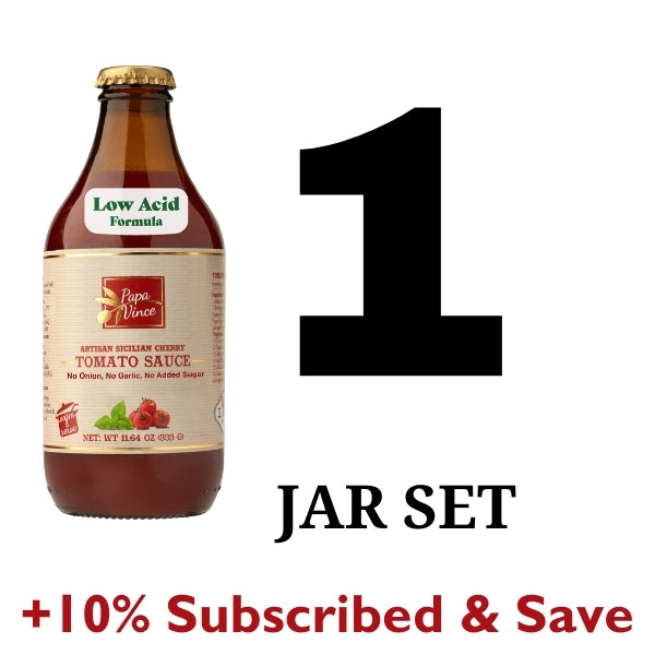 Papa Vince Pasta Tomato Sauce: Low Acid Garlic-Free Formula, Low Sodium, No Onion No Added Sugars. Non-GMO Gluten Free. Organic Cherry Tomatoes made in Sicily Italy. Small Batch. Exceptional Taste