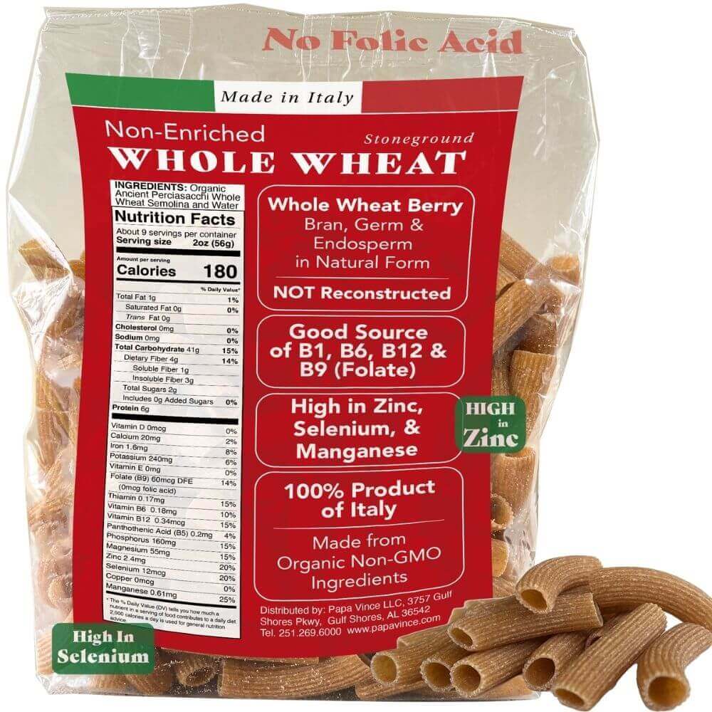 Organic Italian Heirloom Pasta Rigatoni, Whole Wheat, Non GMO, Organic, Non Enriched, Made in Italy, no low-gluten, no folic acid, ancient grain, bronze die cut, cold stone, ground al dente, nutritional panel, Papa Vince