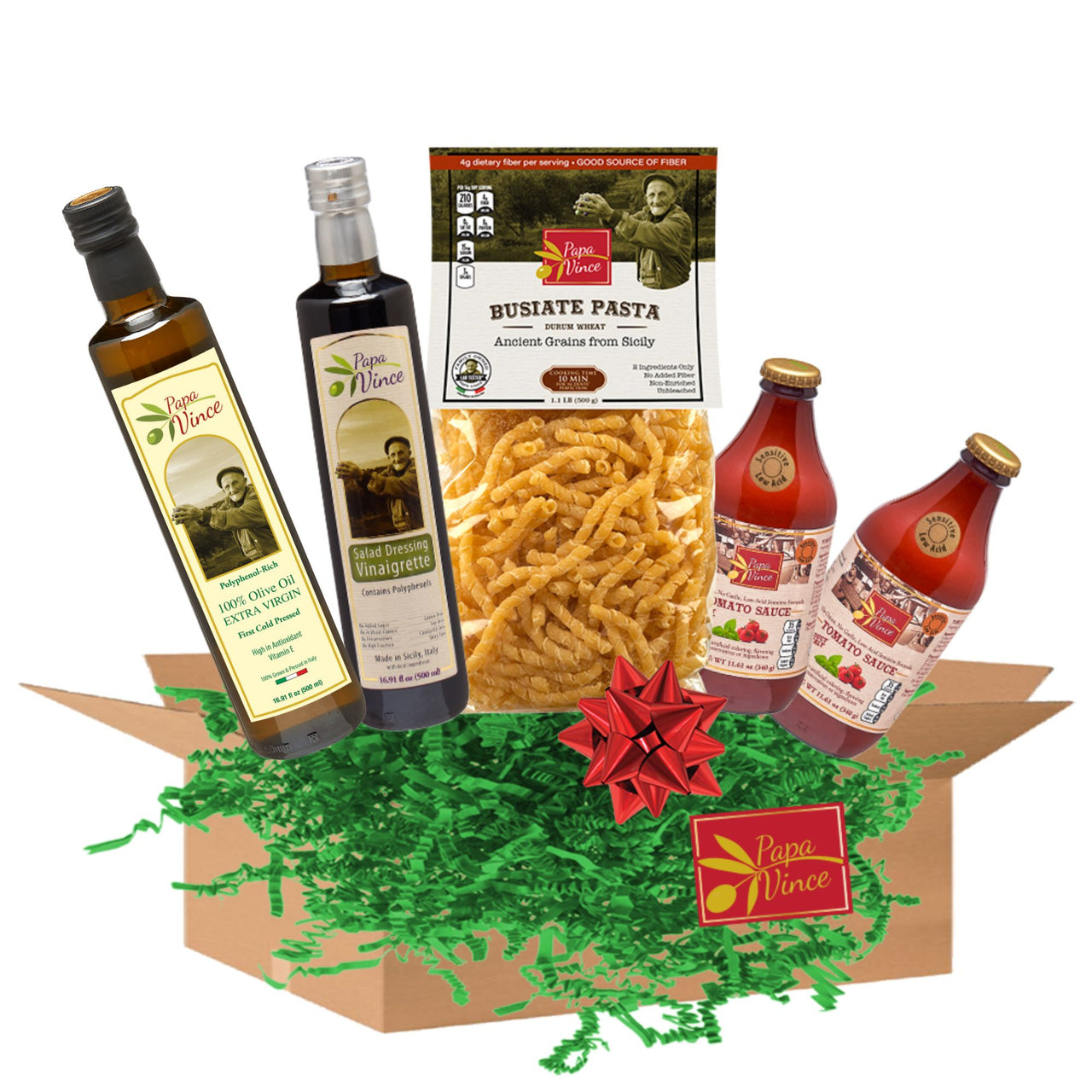 Food Basket Gift from Sicily - Gourmet Farm Fresh Clean Food from Artisans in Italy | Extra Virgin Olive Oil, Salad Dressing, Busiate Durum Pasta, Cherry Tomato Sauce | Papa Vince