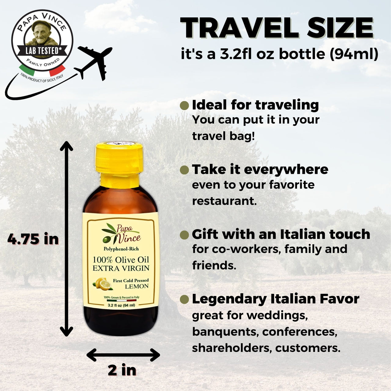 Flavored Olive Oil Extra Virgin Set from Sicily - Classic, Citrus & Lemon Fused Olive Oil Gift | Papa Vince | 3 fl oz each