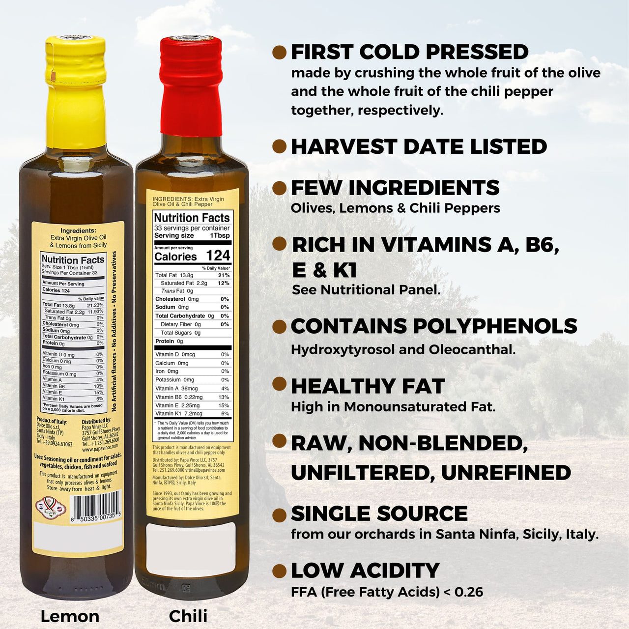 Polyphenol Rich Olive Oil Extra Virgin from Sicily, Italy. Chili Pepper & Lemon Fused Olive Oil. Agrumato, Unblended, First Cold Pressed, Single Sourced, Unfiltered, Unrefined, Robust, Mild hot finish, High in Antioxidants EVOO Gift Set