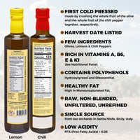 Thumbnail for Polyphenol Rich Olive Oil Extra Virgin from Sicily, Italy. Chili Pepper & Lemon Fused Olive Oil. Agrumato, Unblended, First Cold Pressed, Single Sourced, Unfiltered, Unrefined, Robust, Mild hot finish, High in Antioxidants EVOO Gift Set