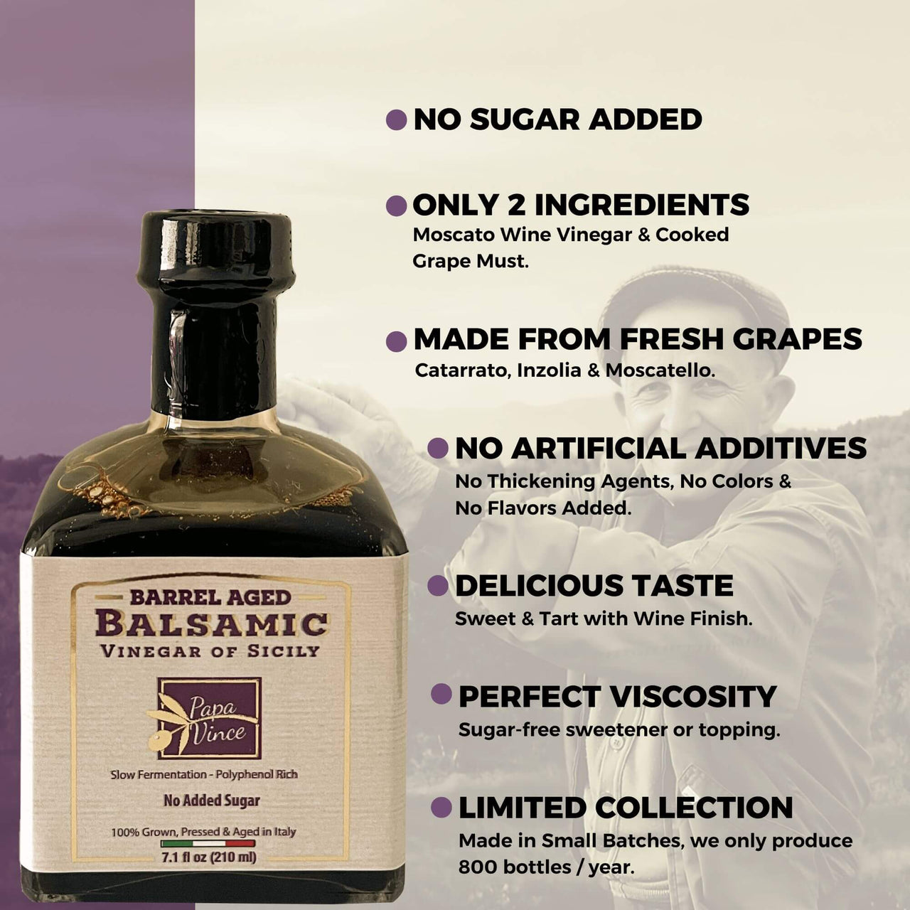 Balsamic Vinegar NO SUGAR ADDED, Only 2 ingredients, fermented vinegar