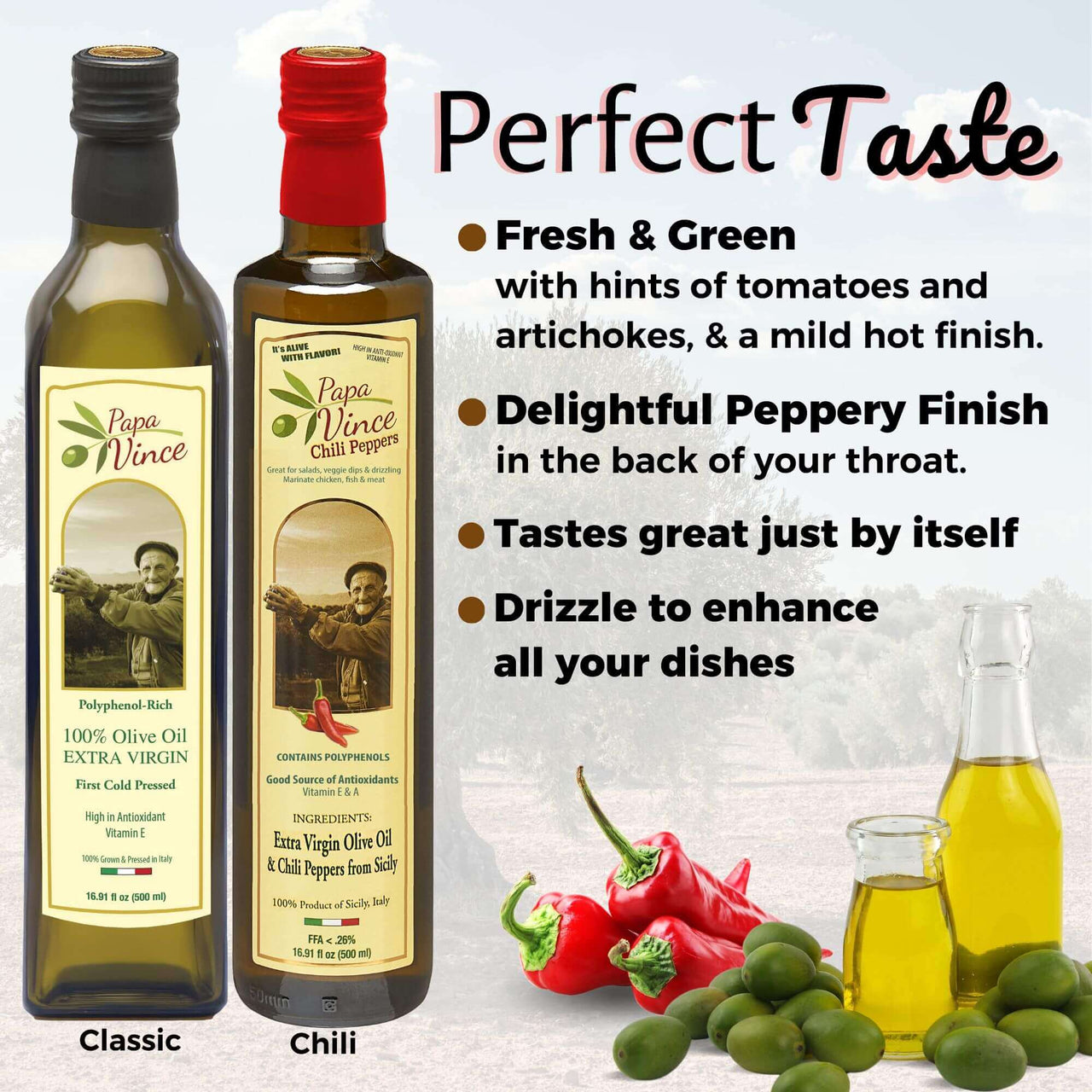 Polyphenol Rich Olive Oil Extra Virgin from Sicily, Italy. Classic & Chili Pepper Fused Olive Oil. Agrumato, Unblended, First Cold Pressed, Single Sourced, Unfiltered, Unrefined, Robust, Mild hot finish, High in Antioxidants EVOO Gift Set - Papa Vince