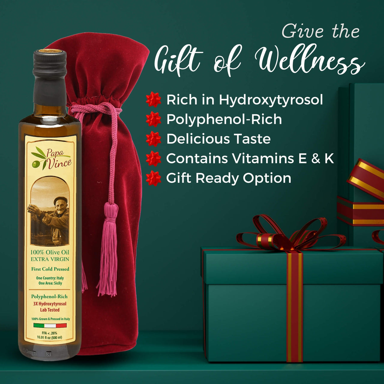Papa Vince Olive Oil Extra Virgin Gift - Unblended, Family Harvest 2024/25, High in Polyphenols, Single Estate, First Cold Pressed, Sicily, Italy, Peppery Finish, Unfiltered, Unrefined, Velvet Burgundy