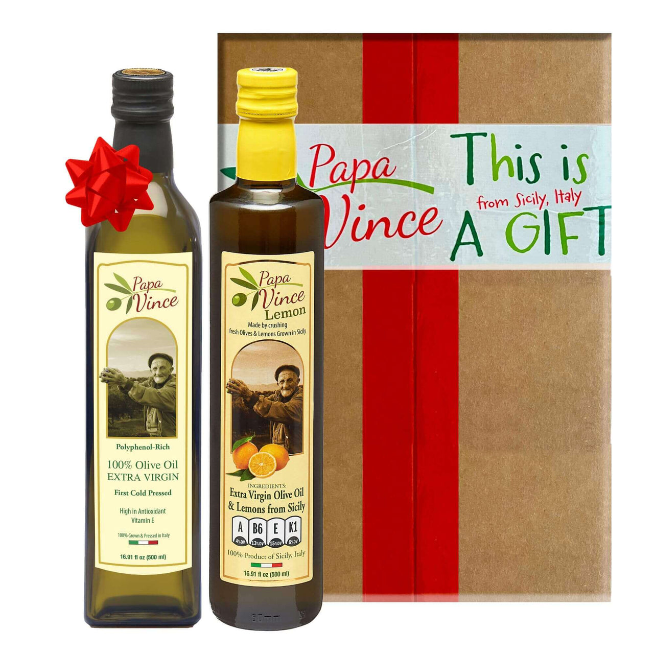 Polyphenol Rich Olive Oil, Good Tasting, Cold Pressed, Extra Virgin Agrumato Fused Lemon Olive Oil from Sicily, Italy. 2-Piece Gift Set - Papa Vince