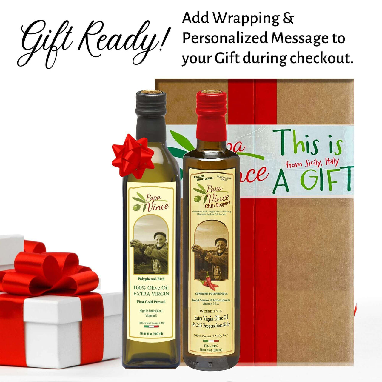 Polyphenol Rich Olive Oil Extra Virgin from Sicily, Italy. Classic & Chili Pepper Fused Olive Oil. Agrumato, Unblended, First Cold Pressed, Single Sourced, Unfiltered, Unrefined, Robust, Mild hot finish, High in Antioxidants EVOO Gift Set - Papa Vince