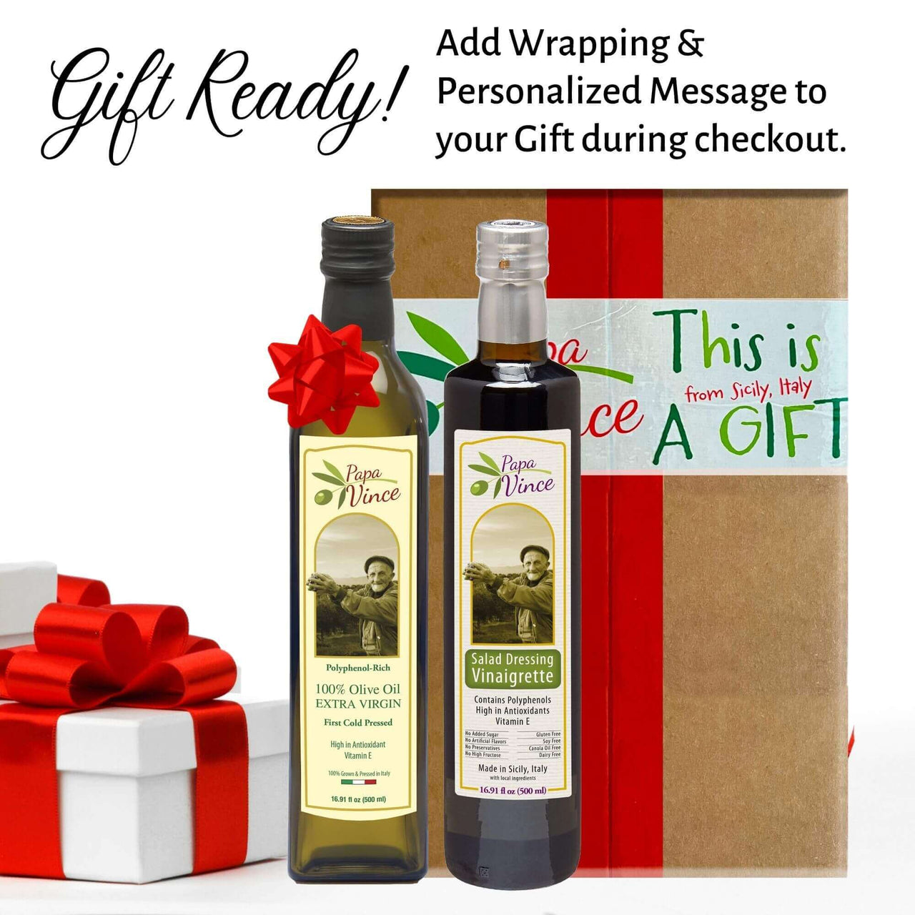 Extra Virgin Olive Oil & Salad Dressing Gift Set from Sicily, Italy - Unblended, First Cold Pressed Dec 2022/23 | 8-years aged in wood | made by our family in Sicily | VEGAN, KETO, PALEO | Gift Set for men and women | 16.91 fl oz each