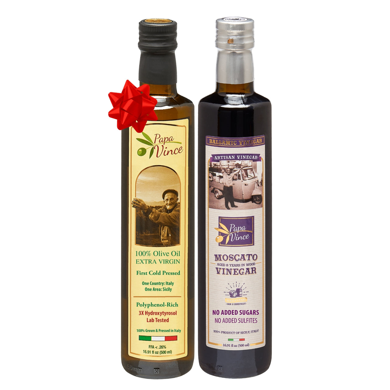 Extra Virgin Olive Oil & Balsamic Gift Set from Sicily, Italy - Unblended, First Cold Pressed Dec 2021/22 | 8-years aged in wood | made by our family in Sicily | VEGAN, KETO, PALEO | Gift Set for men and women | 16.91 fl oz each - Papa Vince