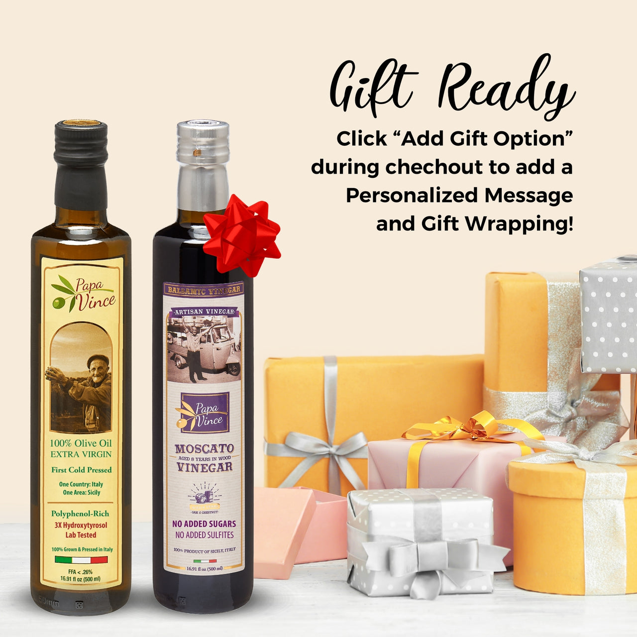 Extra Virgin Olive Oil & Balsamic Gift Set from Sicily, Italy - Unblended, First Cold Pressed Dec 2021/22 | 8-years aged in wood | made by our family in Sicily | VEGAN, KETO, PALEO | Gift Set for men and women | 16.91 fl oz each - Papa Vince