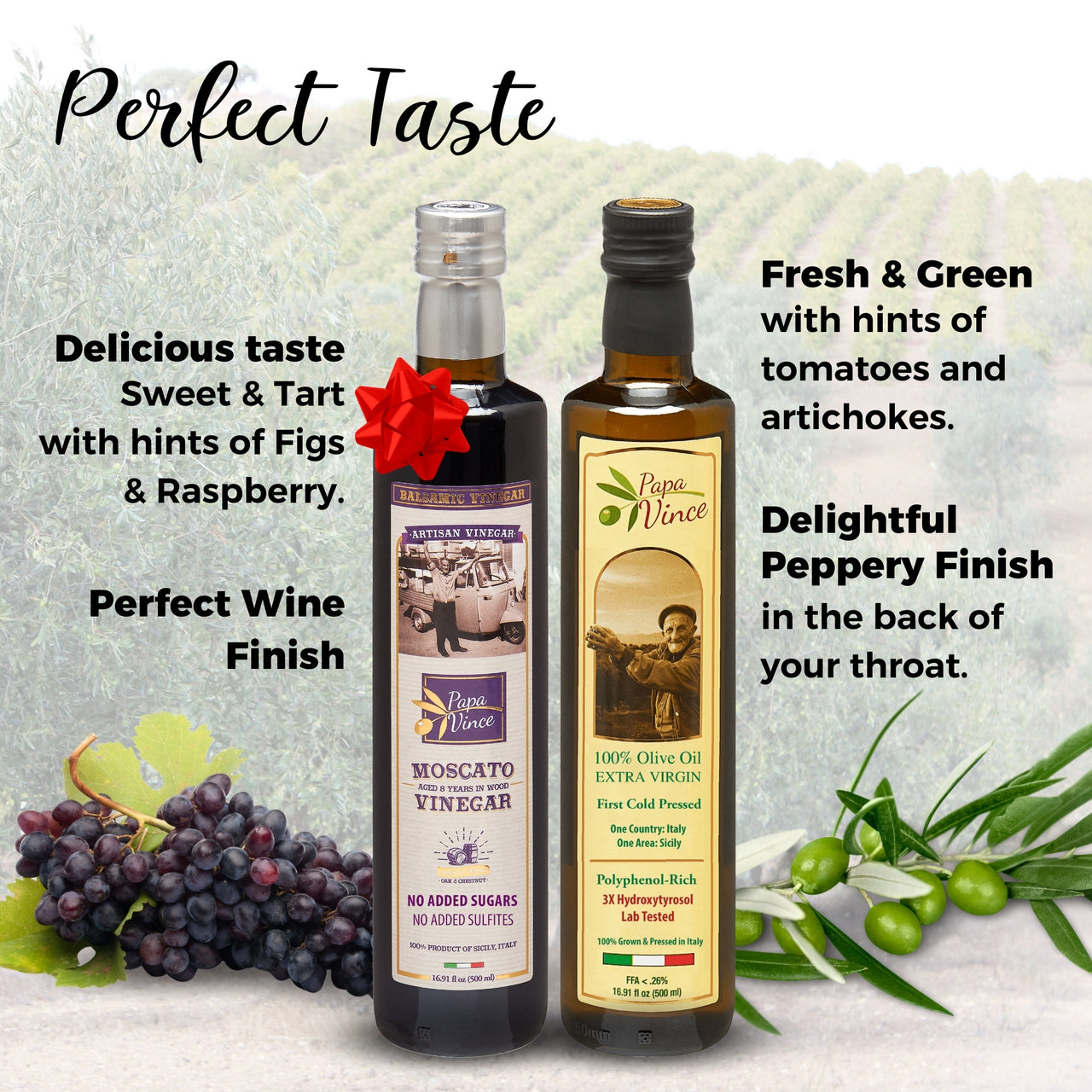 Extra Virgin Olive Oil & Balsamic Gift Set from Sicily, Italy - Unblended, First Cold Pressed Dec 2021/22 | 8-years aged in wood | made by our family in Sicily | VEGAN, KETO, PALEO | Gift Set for men and women | 16.91 fl oz each - Papa Vince