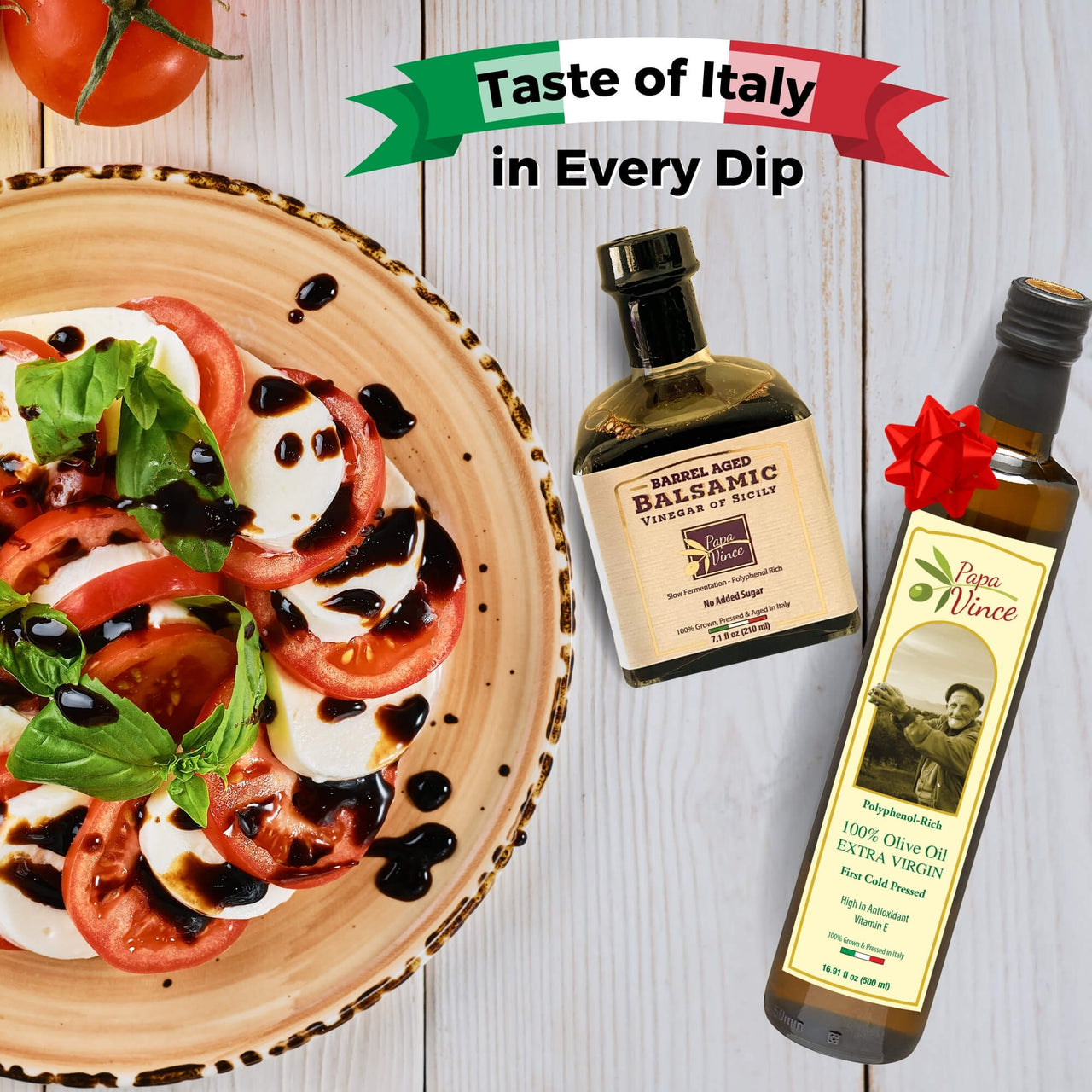 Papa Vince Olive Oil & Balsamic Vinegar Gift Set – Made in Italy, Family-Grown in Sicily. Features Sipping-Quality, Organic, Polyphenol-Rich EVOO & Slowly Aged, No-Sugar-Added Balsamic Vinegar