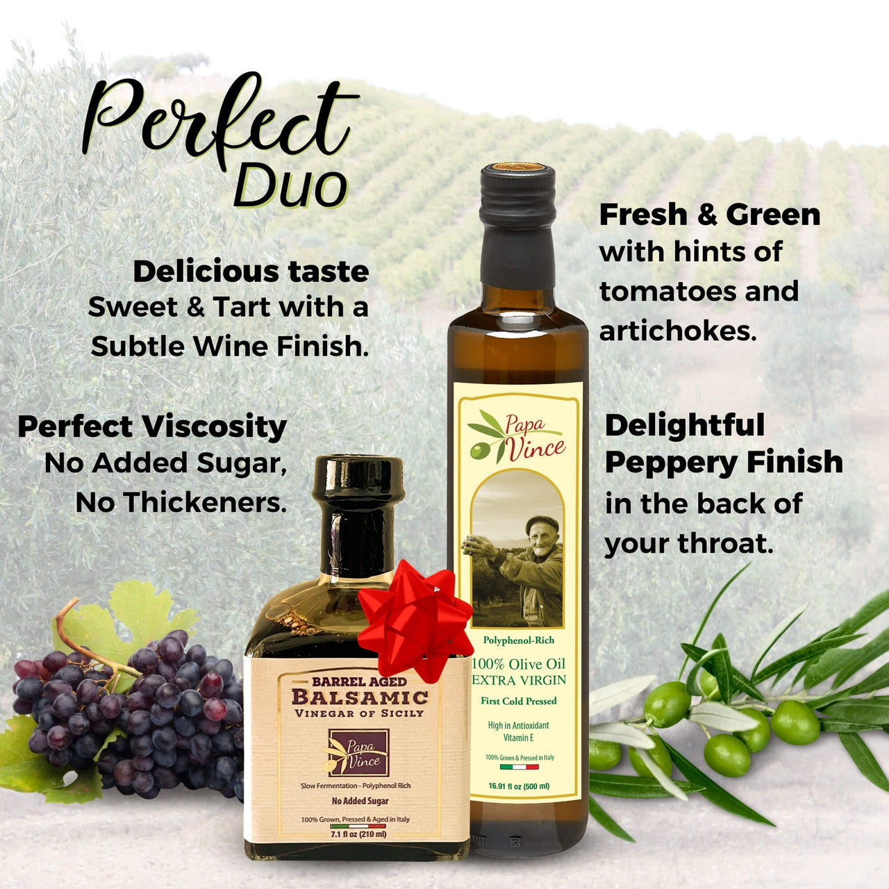 Papa Vince Olive Oil & Balsamic Vinegar Gift Set – Made in Italy, Family-Grown in Sicily. Features Sipping-Quality, Organic, Polyphenol-Rich EVOO & Slowly Aged, No-Sugar-Added Balsamic Vinegar