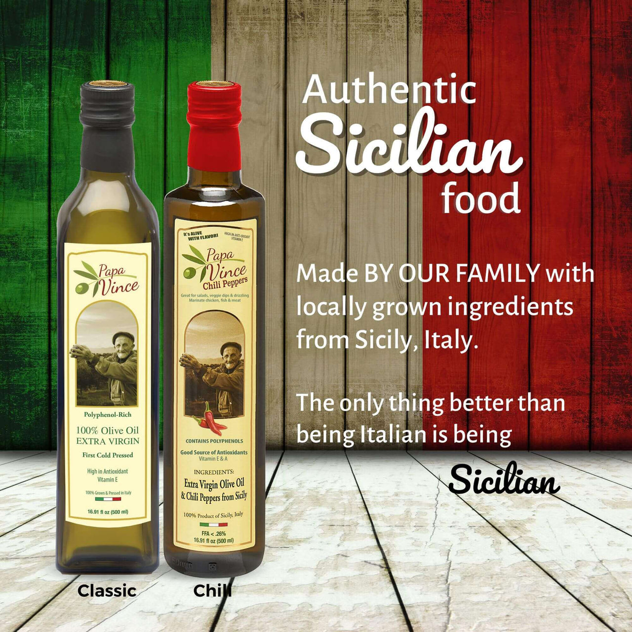 Polyphenol Rich Olive Oil Extra Virgin from Sicily, Italy. Classic & Chili Pepper Fused Olive Oil. Agrumato, Unblended, First Cold Pressed, Single Sourced, Unfiltered, Unrefined, Robust, Mild hot finish, High in Antioxidants EVOO Gift Set - Papa Vince