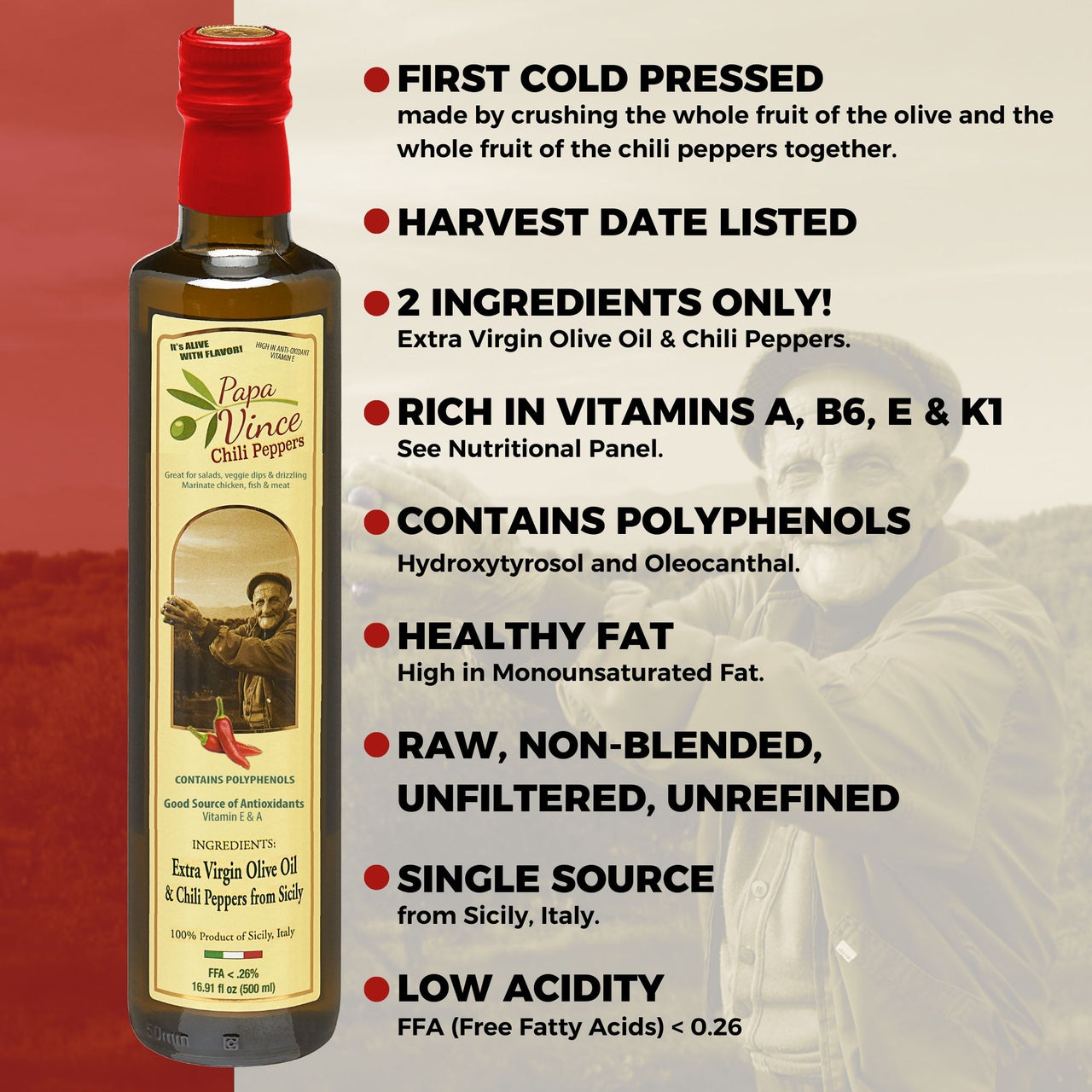 Chili Pepper Olive Oil Extra Virgin - Unblended, Single Estate, Single Source, Single Family Sicily Italy, Harvest Dec 2020/2021, First Cold Pressed, High in Antioxidants, Polyphenol Rich, Unfiltered, Unrefined - Papa Vince