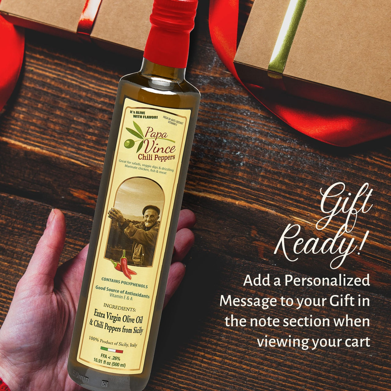 Chili Pepper Olive Oil Extra Virgin - Unblended, Single Estate, Single Source, Single Family Sicily Italy, Harvest Dec 2020/2021, First Cold Pressed, High in Antioxidants, Polyphenol Rich, Unfiltered, Unrefined - Papa Vince