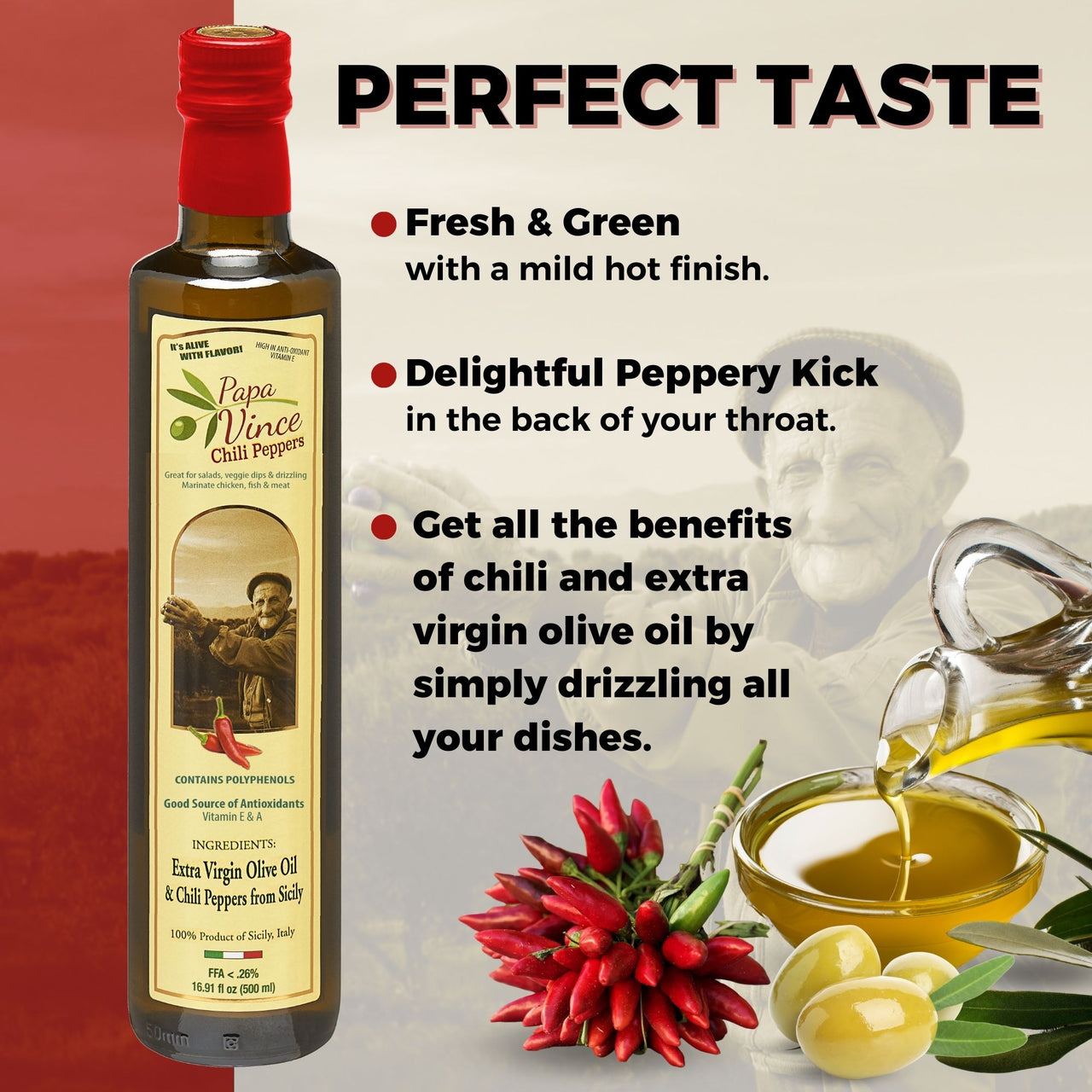 Chili Pepper Olive Oil Extra Virgin - Unblended, Single Estate, Single Source, Single Family Sicily Italy, Harvest Dec 2020/2021, First Cold Pressed, High in Antioxidants, Polyphenol Rich, Unfiltered, Unrefined - Papa Vince