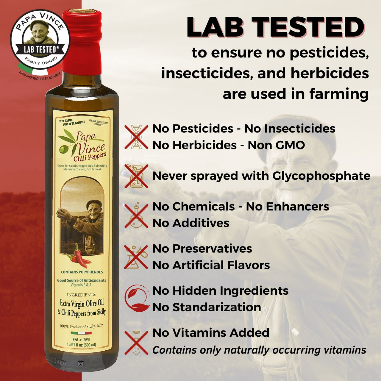 Chili Pepper Olive Oil Extra Virgin - Unblended, Single Estate, Single Source, Single Family Sicily Italy, Harvest Dec 2020/2021, First Cold Pressed, High in Antioxidants, Polyphenol Rich, Unfiltered, Unrefined - Papa Vince
