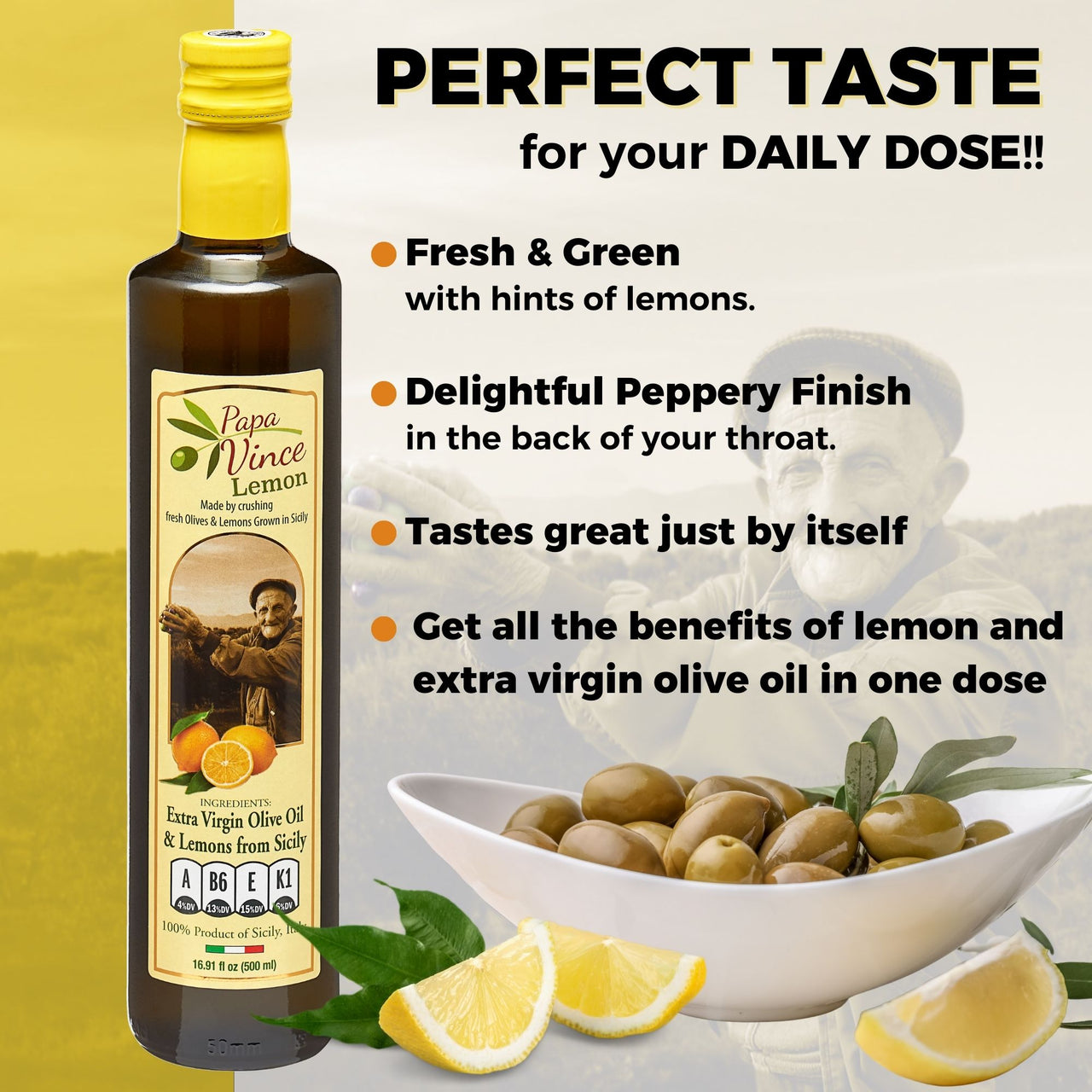 Papa Vince Lemon Olive Oil Extra Virgin First Cold Pressed Agrumato, Harvest 2019/20 Sicily, Italy, NO PESTICIDES, NO CHEMICALS, NO ARTIFICIAL FLAVORS, Unblended Unfiltered, Peppery Finish, 16.9 fl oz - Papa Vince