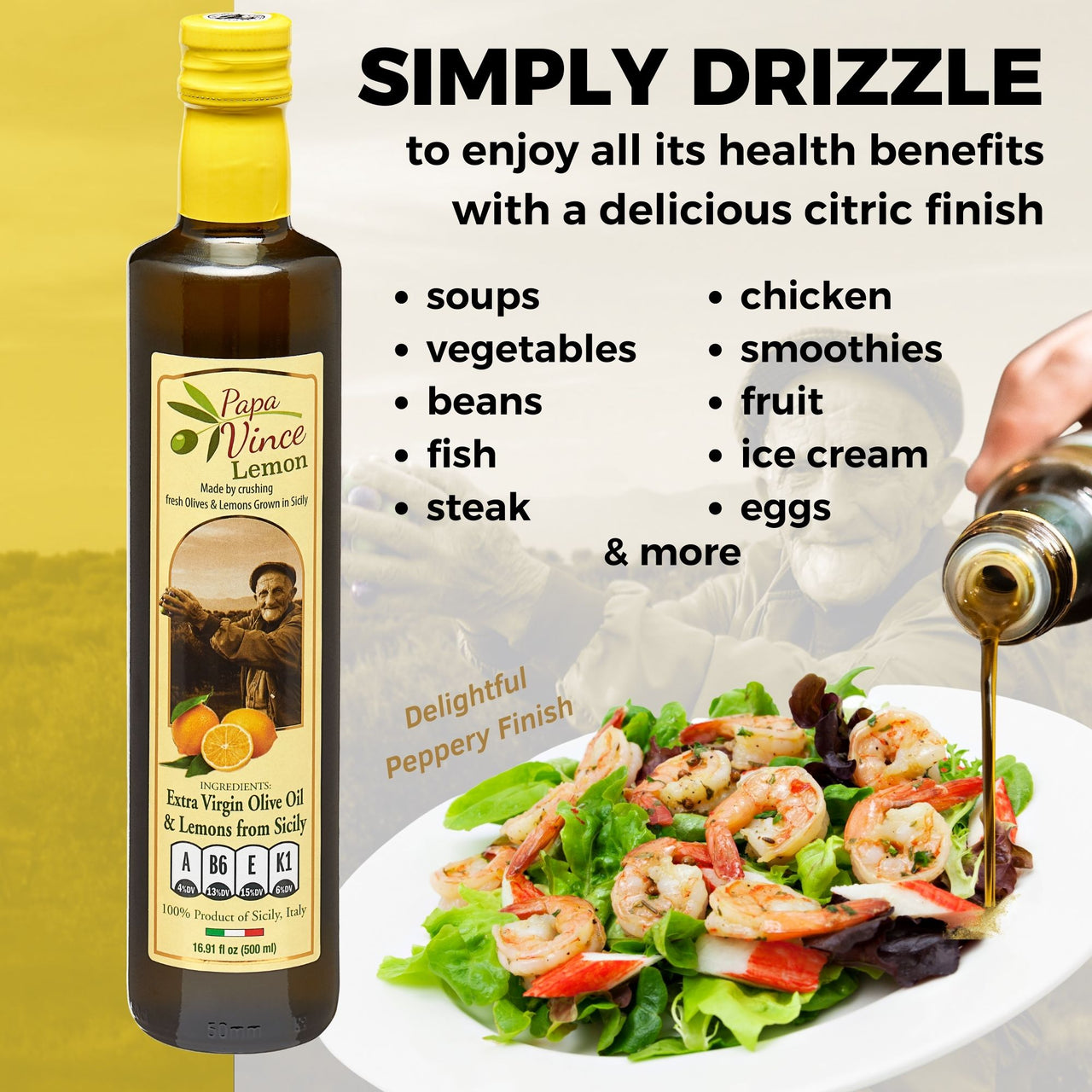 Papa Vince Lemon Olive Oil Extra Virgin First Cold Pressed Agrumato, Harvest 2019/20 Sicily, Italy, NO PESTICIDES, NO CHEMICALS, NO ARTIFICIAL FLAVORS, Unblended Unfiltered, Peppery Finish, 16.9 fl oz - Papa Vince