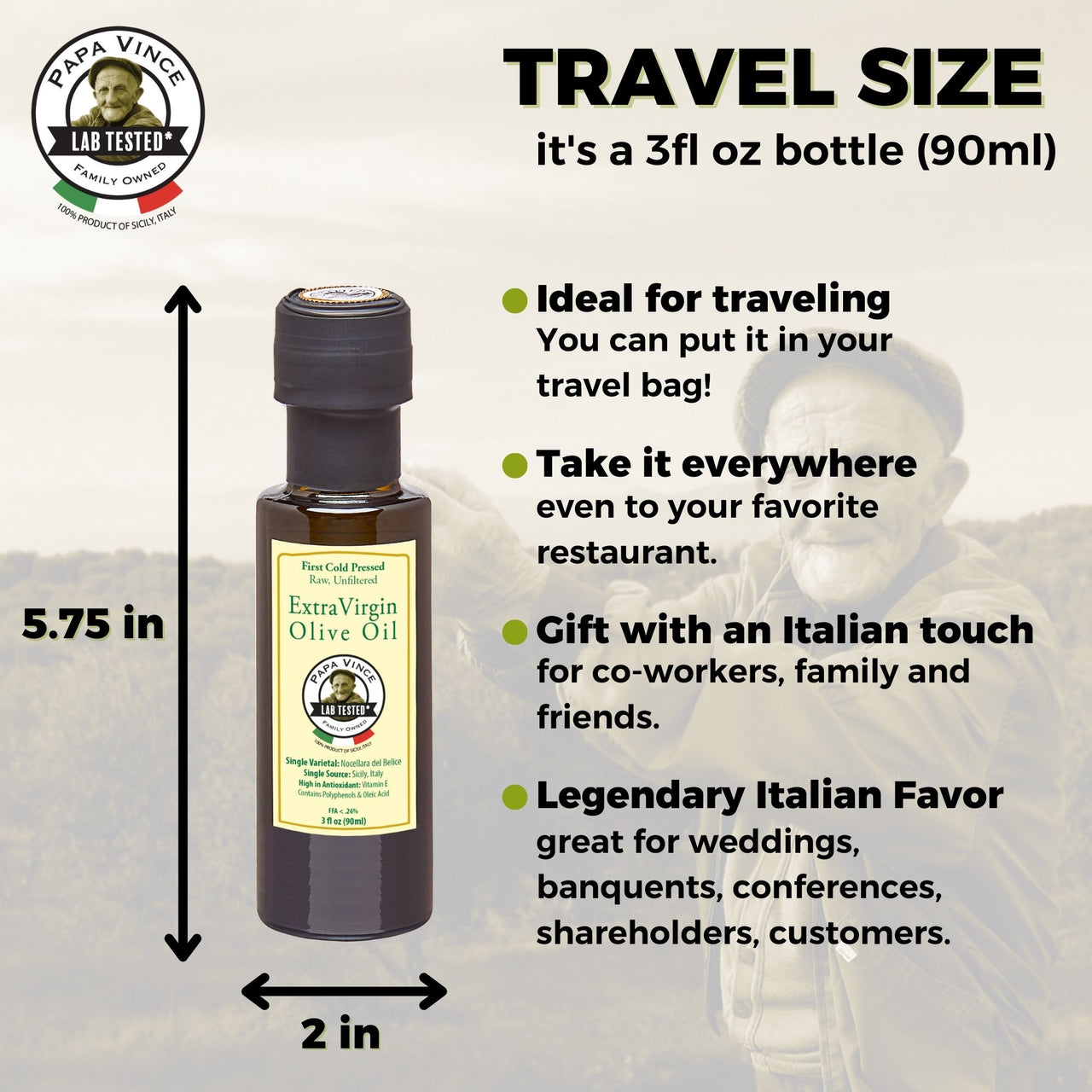 Olive Oil Extra Virgin Single Estate from our family in Sicily, Clean Food, First Cold Pressed 2020/21, Italy, Unblended, Unfiltered, Unrefined, Robust, Rich in Antioxidant 3 fl oz