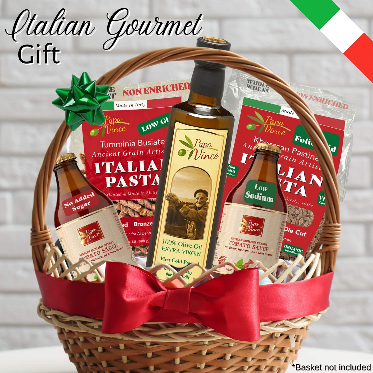Italian Gourmet Food Gift Option - Authentic Italian Pasta: 1 Orzo, 1 Busiate; 2 Cherry Tomato Sauce; 1 Phenolic Extra Virgin Olive Oil