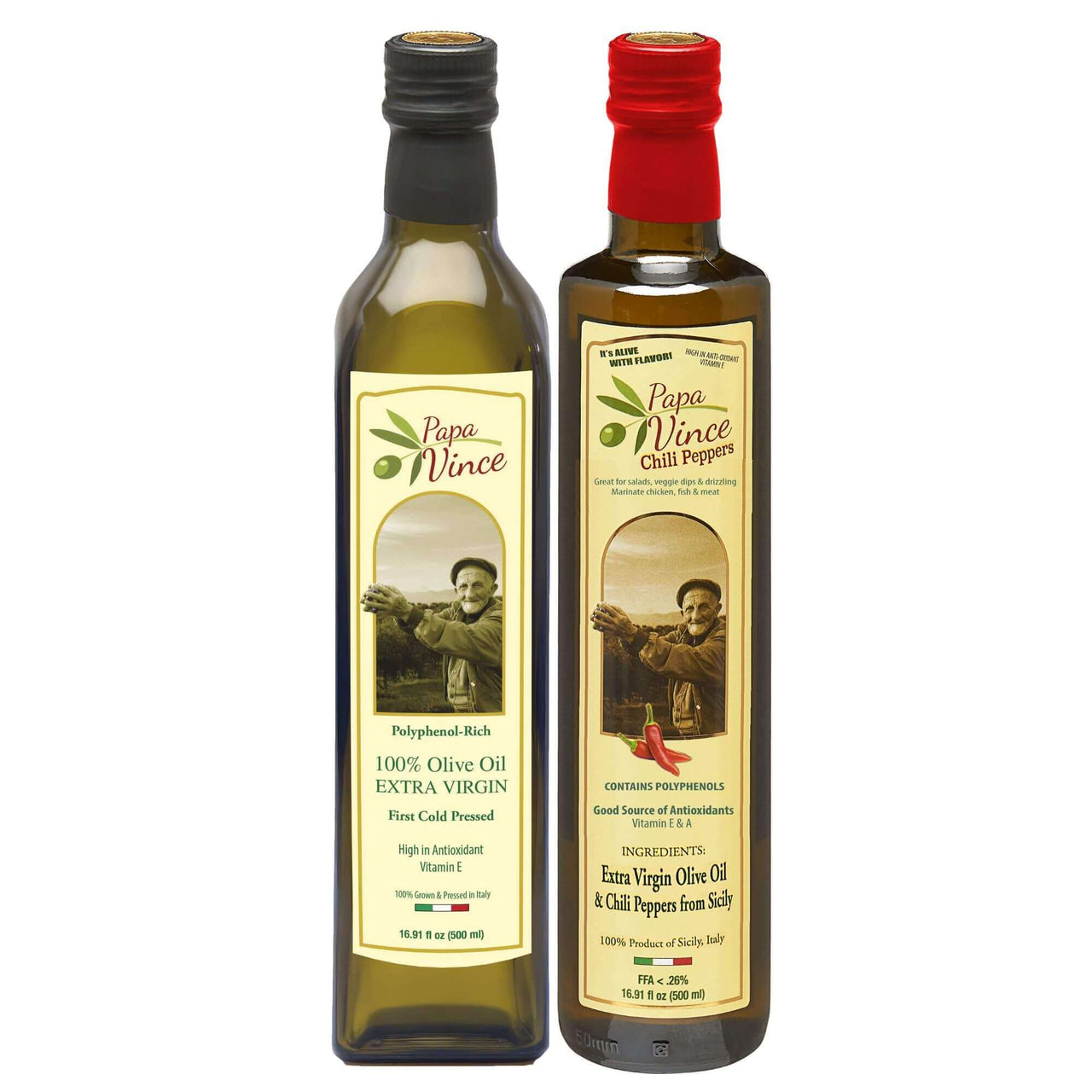 Polyphenol Rich Olive Oil Extra Virgin from Sicily, Italy. Classic & Chili Pepper Fused Olive Oil. Agrumato, Unblended, First Cold Pressed, Single Sourced, Unfiltered, Unrefined, Robust, Mild hot finish, High in Antioxidants EVOO Gift Set - Papa Vince