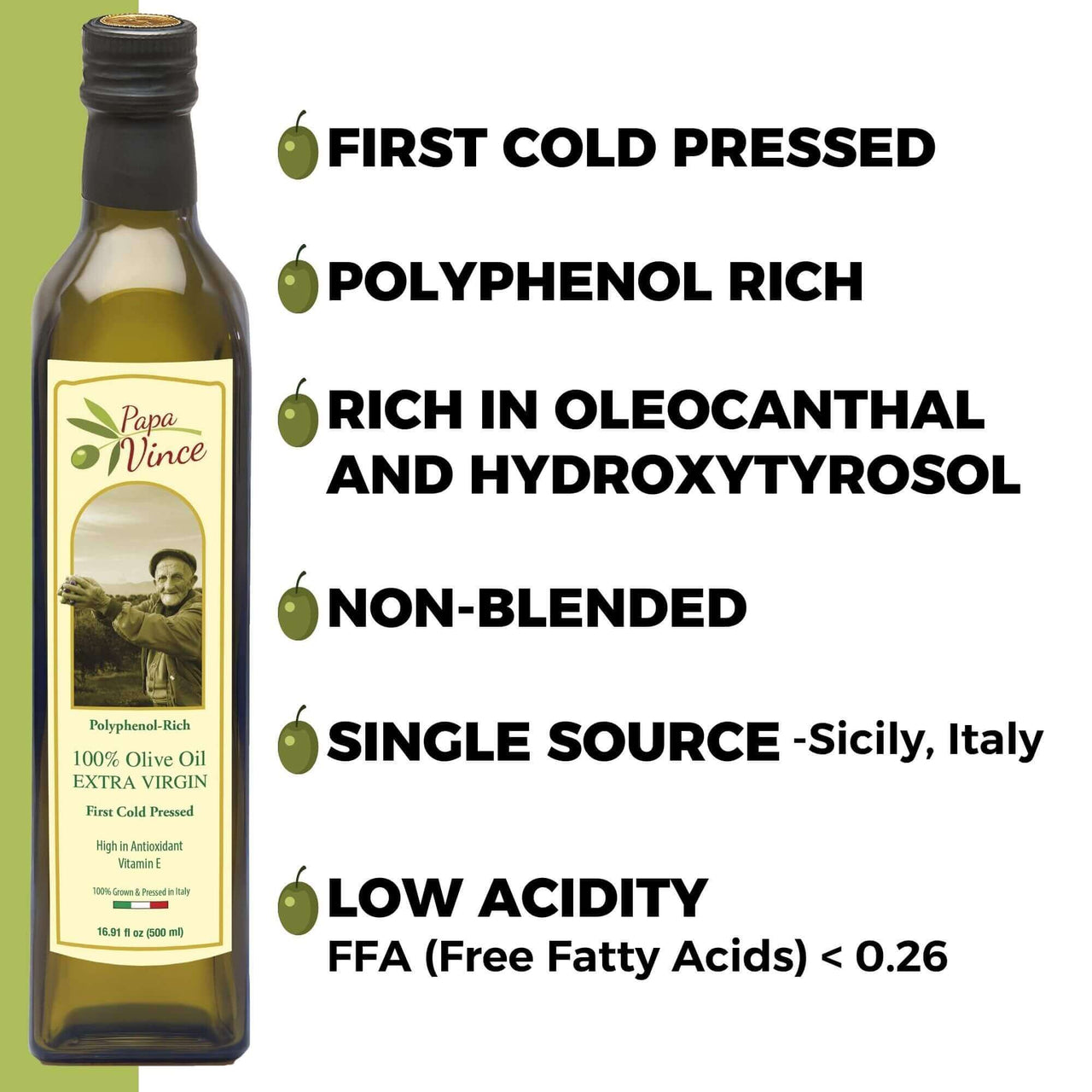 Papa Vince Olive Oil Extra Virgin Gift - Unblended, Family Harvest 2022/23, High in Polyphenols, Single Estate, First Cold Pressed, Sicily, Italy, Peppery Finish, Unfiltered, Unrefined, Green Bag - Papa Vince