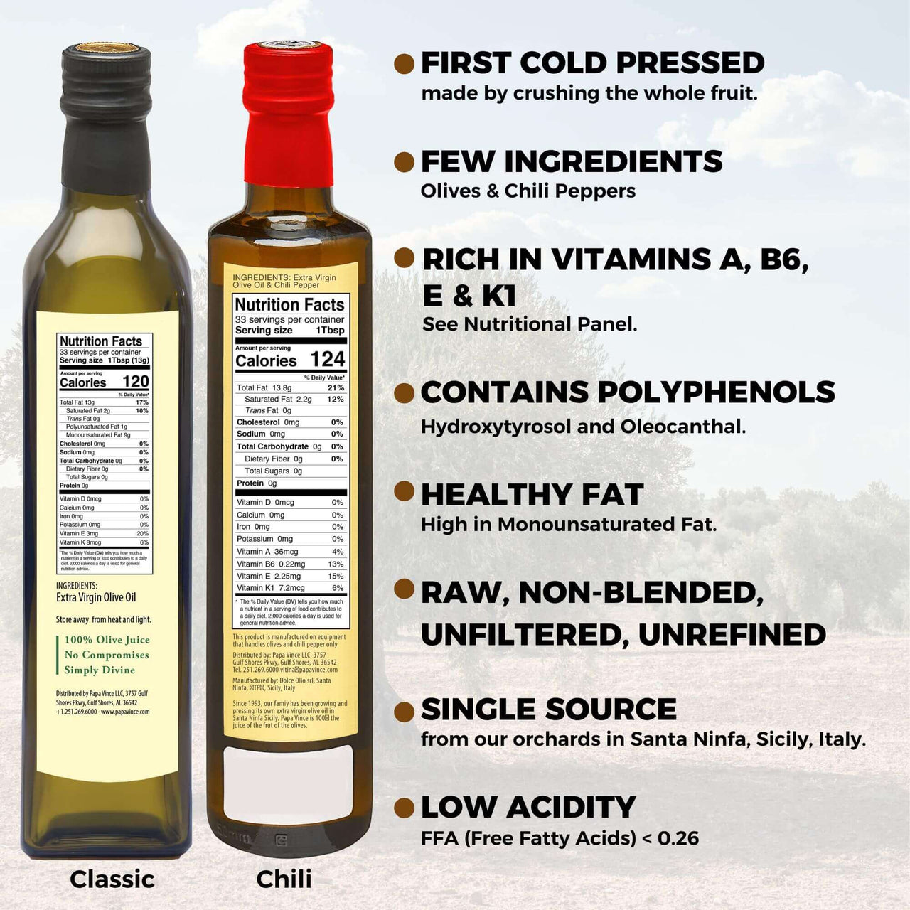 Polyphenol Rich Olive Oil Extra Virgin from Sicily, Italy. Classic & Chili Pepper Fused Olive Oil. Agrumato, Unblended, First Cold Pressed, Single Sourced, Unfiltered, Unrefined, Robust, Mild hot finish, High in Antioxidants EVOO Gift Set - Papa Vince