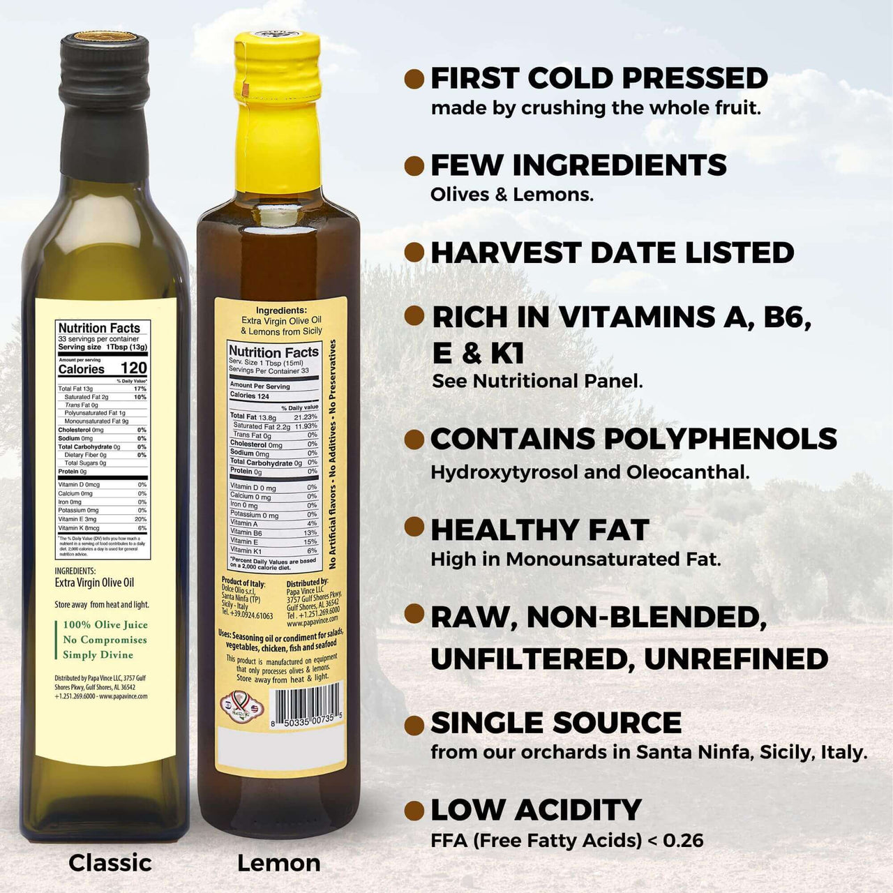 Polyphenol Rich Olive Oil, Good Tasting, Cold Pressed, Extra Virgin Agrumato Fused Lemon Olive Oil from Sicily, Italy. 2-Piece Gift Set - Papa Vince