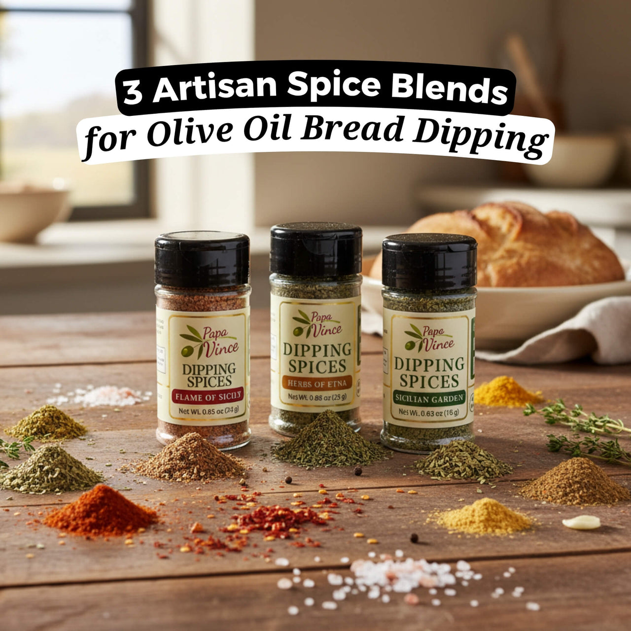 Papa Vince Italian Bread Dipping Set – Gift-Ready Box with 3 Seasonings + Extra Virgin Olive Oil, Authentic Bread Dipping Experience