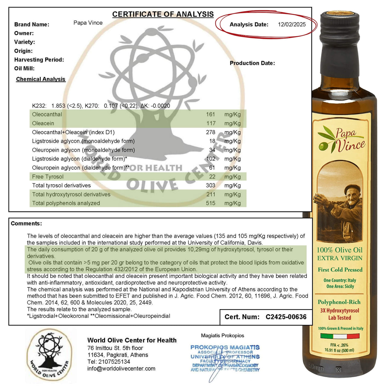 Papa Vince olive oil lab test: hydroxytyrosol-rich olive oil, contains polyphenols