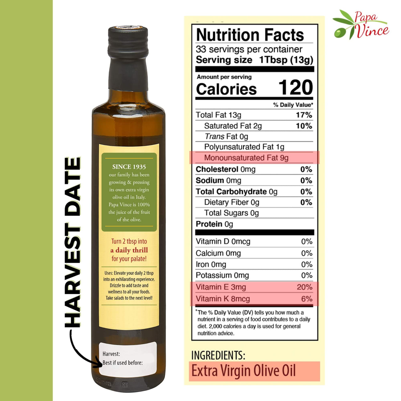 Papa Vince Olive Oil Extra Virgin - contains Vitamins E and K - 4Bottles Save $23.00 with Subscription - Papa Vince