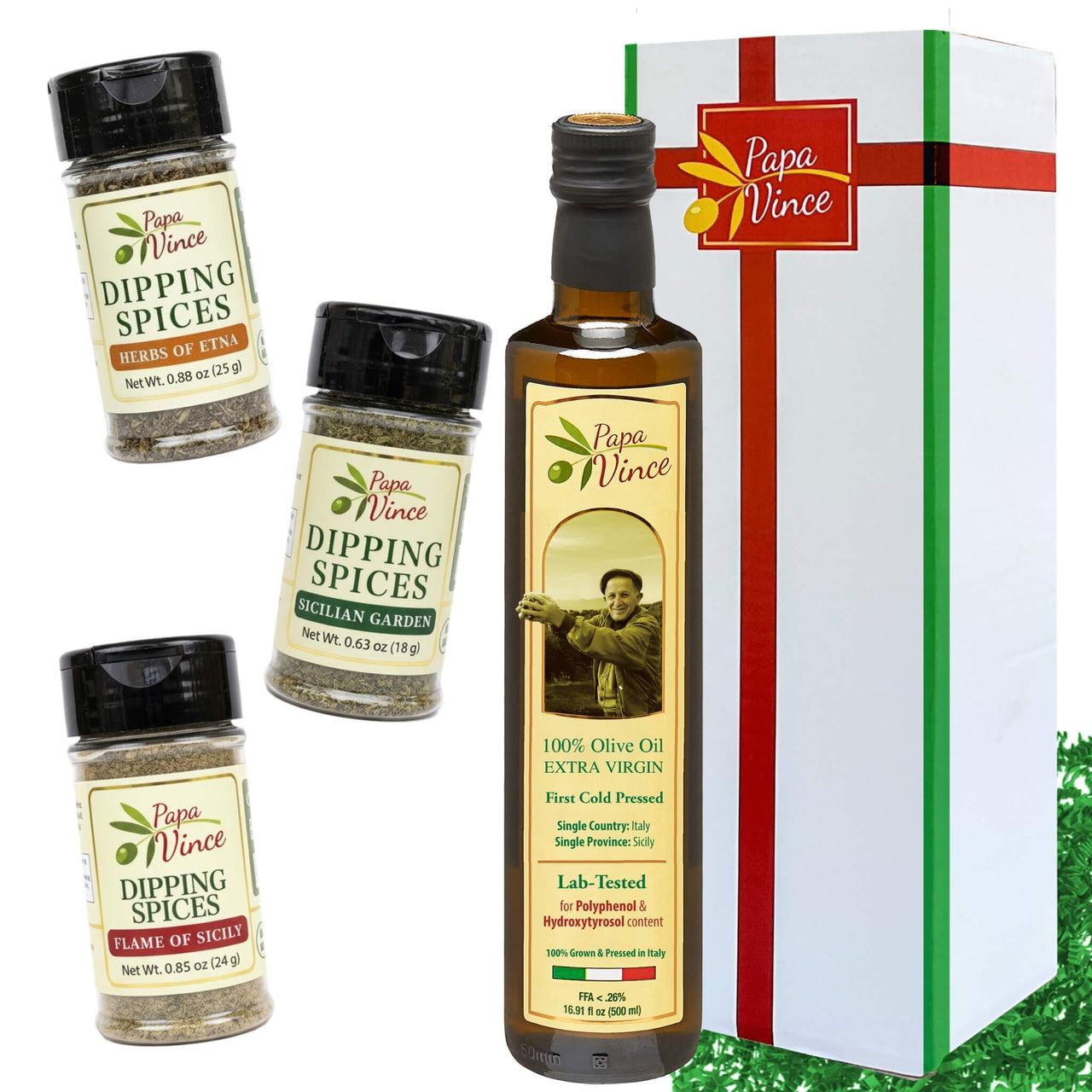 Papa Vince Italian Bread Dipping Set – Gift-Ready Box with 3 Seasonings + Extra Virgin Olive Oil, Authentic Bread Dipping Experience
