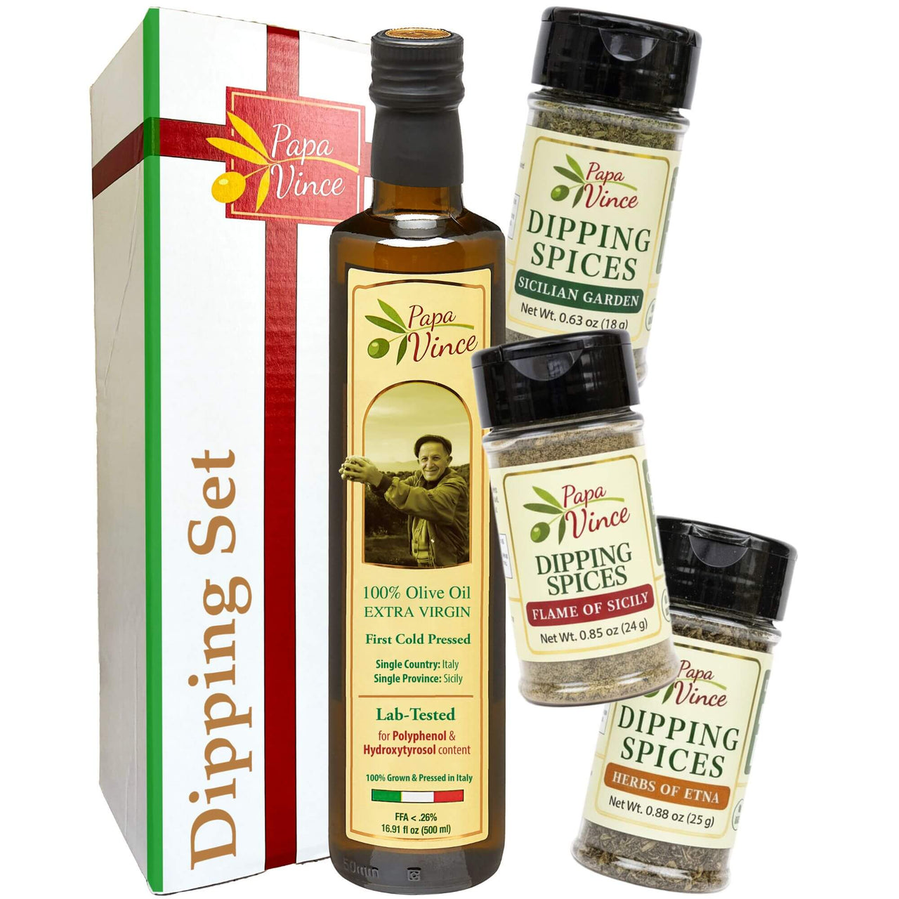 Papa Vince Italian Bread Dipping Set – Gift-Ready Box with 3 Seasonings + Extra Virgin Olive Oil, Authentic Bread Dipping Experience