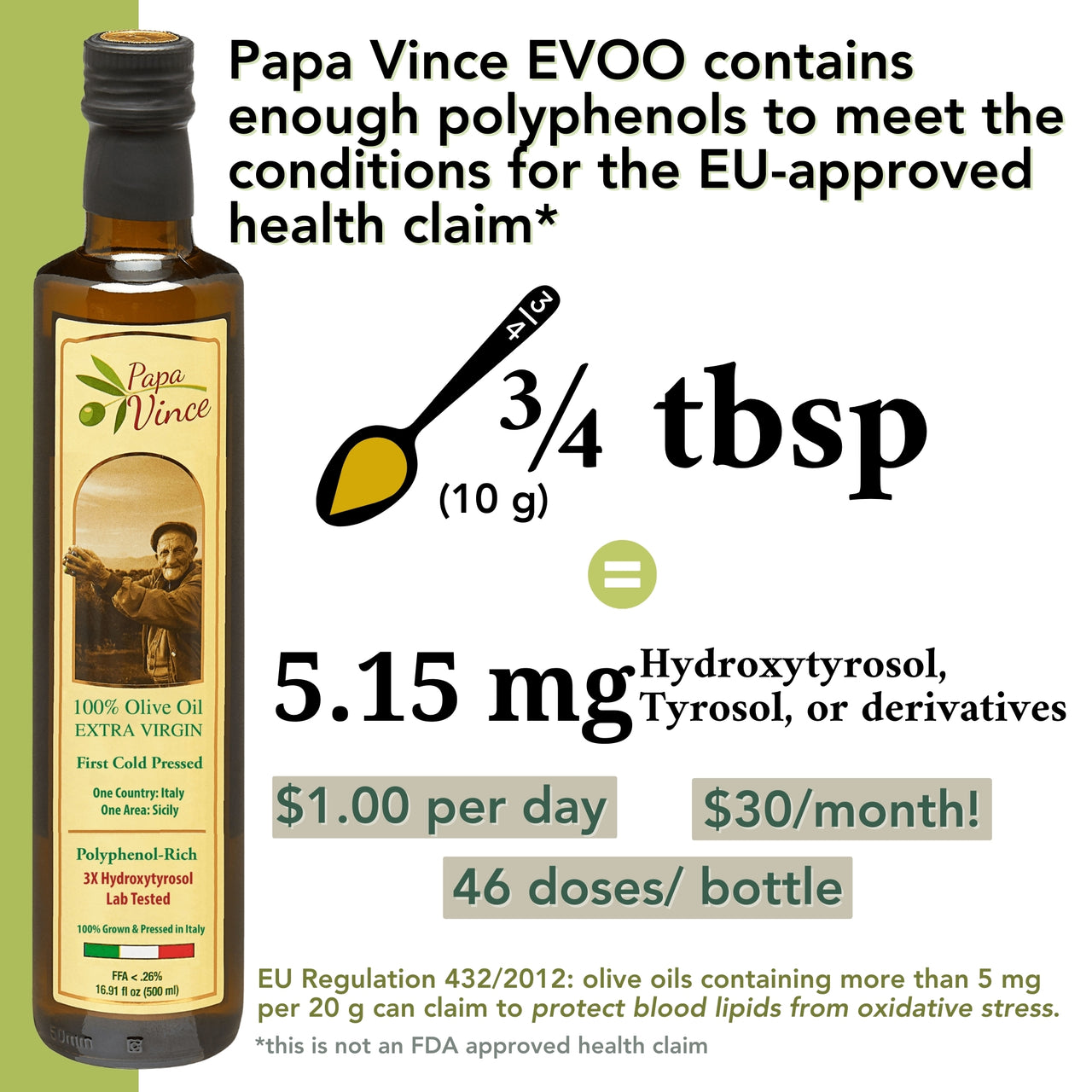 3/4 of Papa Vince EVOO contains enough polyphenols to meet, and surpass, the conditions for the EU-approved health claim: protects blood lipids from oxidative stress