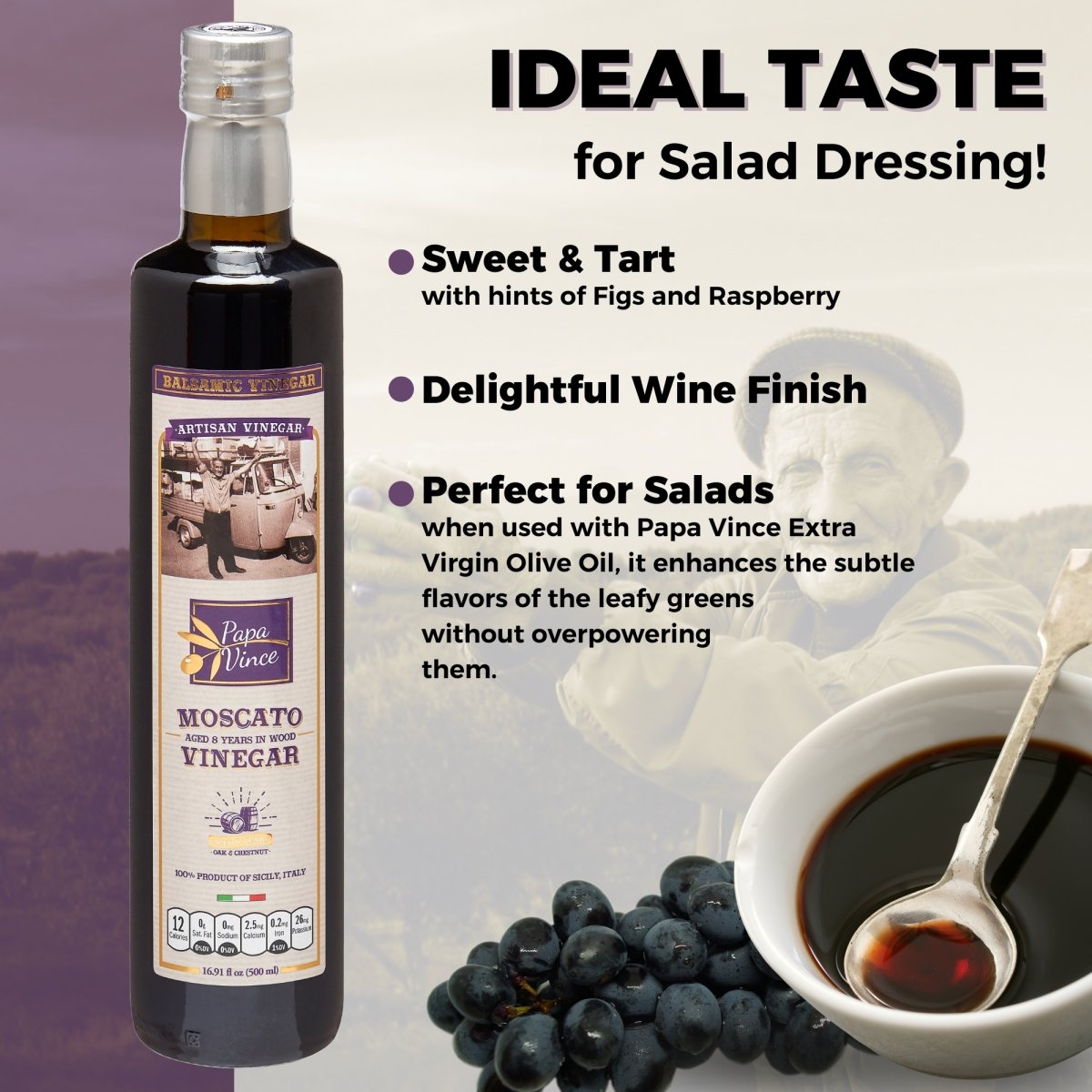 Balsamic Vinegar Red Wine Moscato - Clean Food, with hints of Figs, Raspberry & Homemade Wine aged 8-years in Oak & Chestnut wood in small batches by our family from Sicily, Italy | 16.91 fl oz - Papa Vince - Papa Vince