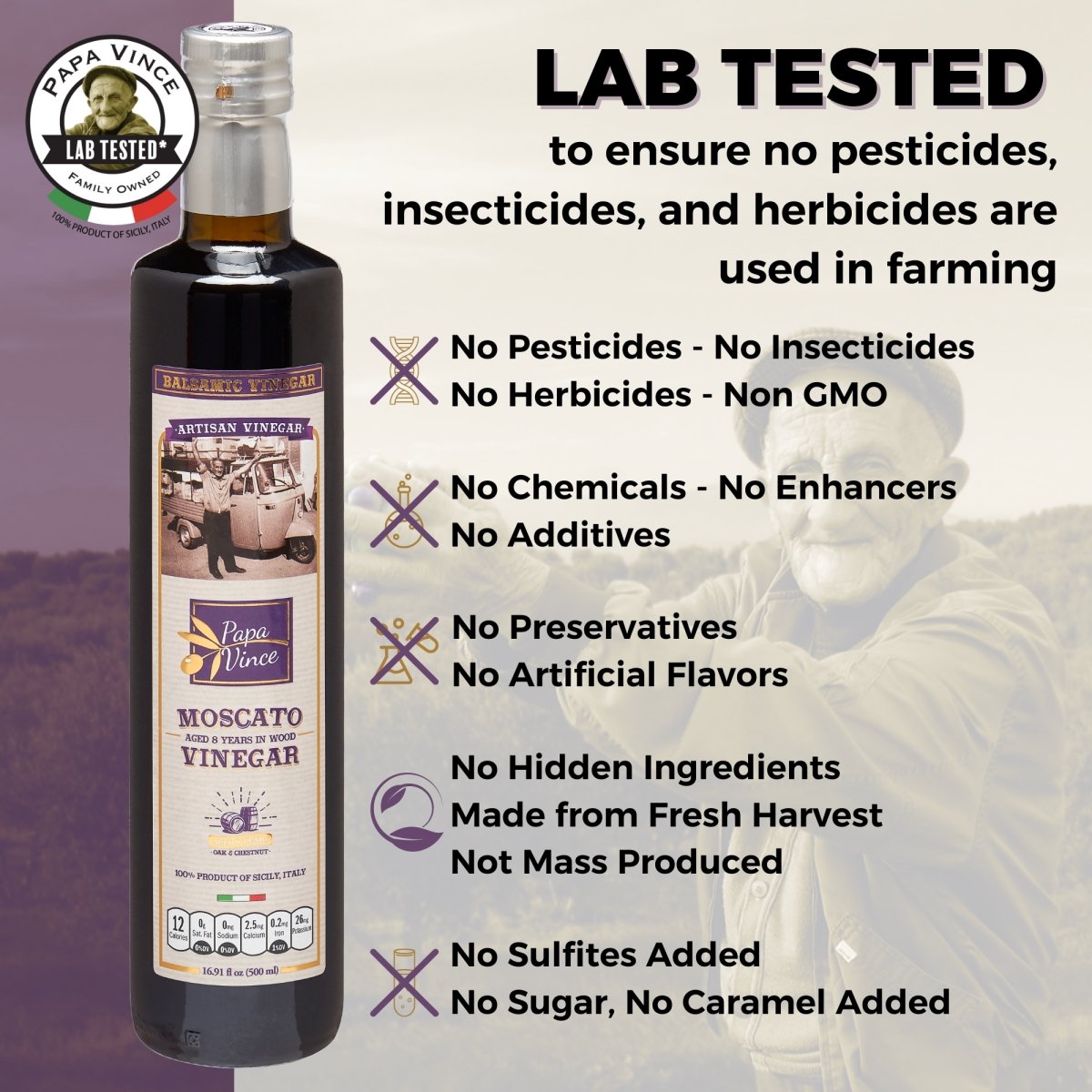 Balsamic Vinegar Red Wine Moscato - Clean Food, with hints of Figs, Raspberry & Homemade Wine aged 8-years in Oak & Chestnut wood in small batches by our family from Sicily, Italy | 16.91 fl oz - Papa Vince - Papa Vince