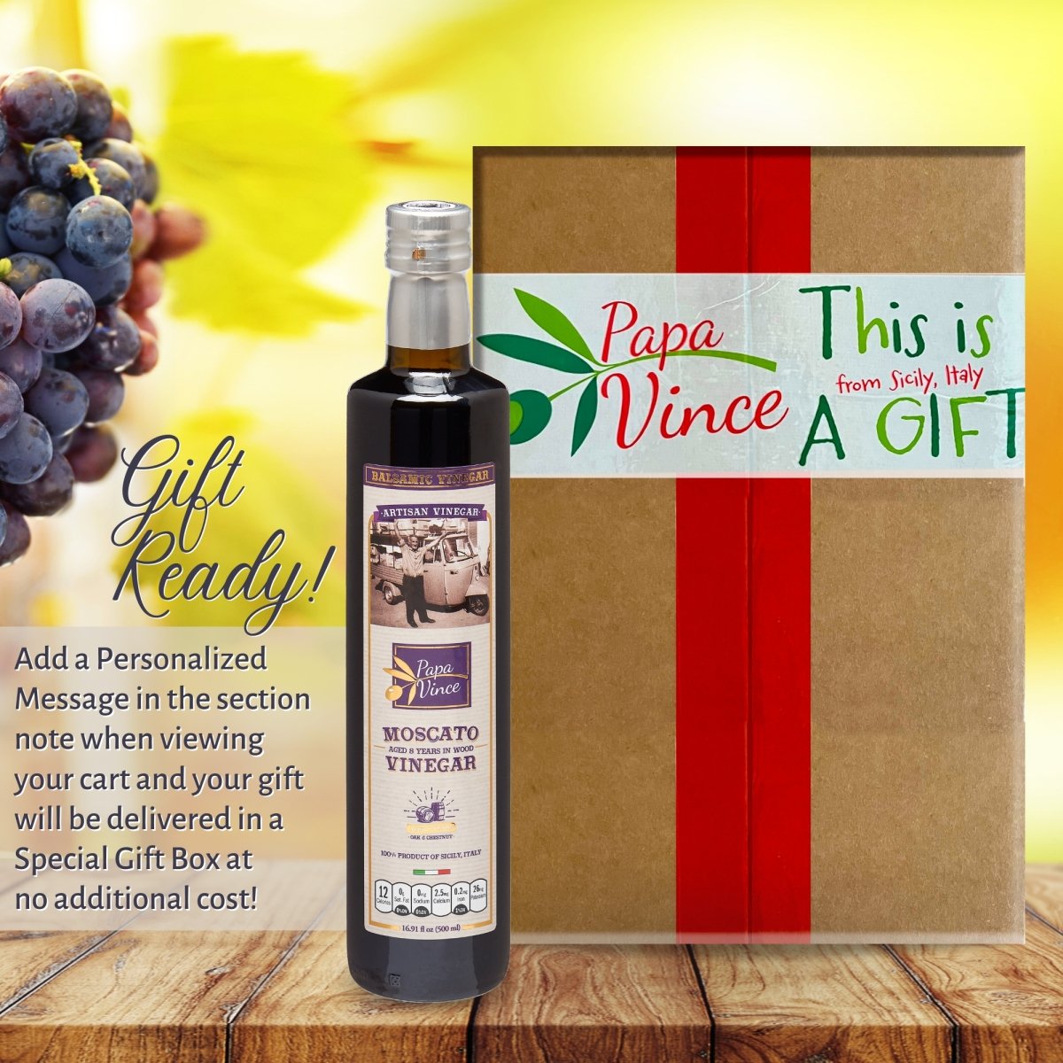 Balsamic Vinegar Red Wine Moscato - Clean Food, with hints of Figs, Raspberry & Homemade Wine aged 8-years in Oak & Chestnut wood in small batches by our family from Sicily, Italy | 16.91 fl oz - Papa Vince - Papa Vince