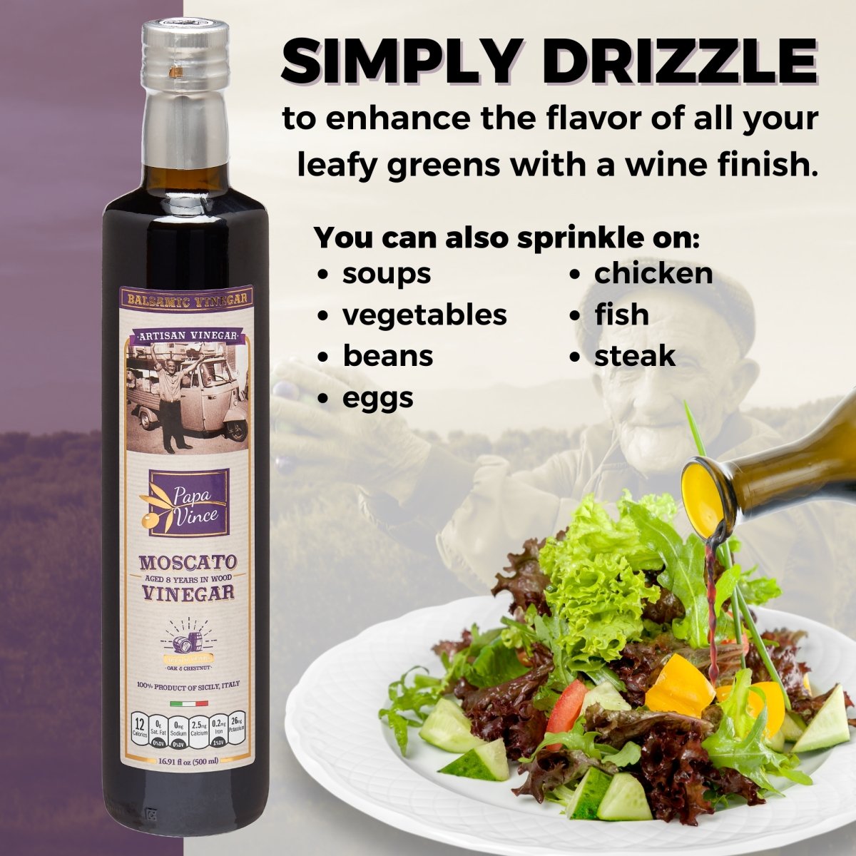Balsamic Vinegar Red Wine Moscato - Clean Food, with hints of Figs, Raspberry & Homemade Wine aged 8-years in Oak & Chestnut wood in small batches by our family from Sicily, Italy | 16.91 fl oz - Papa Vince - Papa Vince
