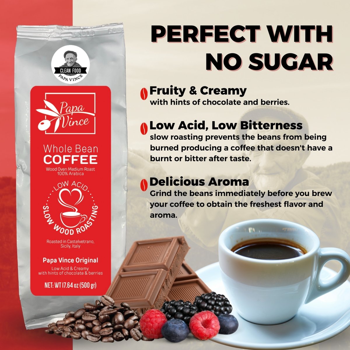 Papa Vince Low Acid Coffee Beans Whole - Mold Free, Low Bitterness, 100% Arabica Medium Roasted in Sicily. Strong, creamy with hints of chocolate and berries. Perfect with no sugar. Certified Clean - Papa Vince