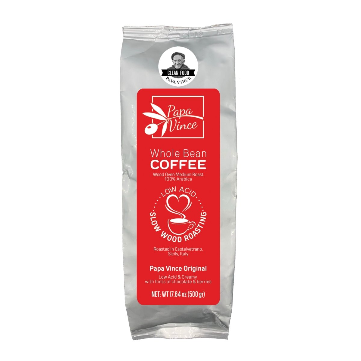 Papa Vince Low Acid Coffee Beans Whole - Mold Free, Low Bitterness, 100% Arabica Medium Roasted in Sicily. Strong, creamy with hints of chocolate and berries. Perfect with no sugar. Certified Clean - Papa Vince