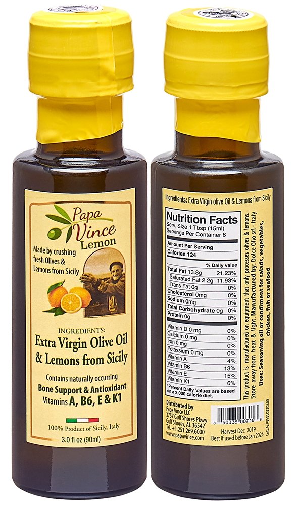 Papa Vince Olive Lemon Oil - Clean Food, First Cold Pressed, Family Harvest 2019-20, Sicily, Italy | Rich in Vitamins A, B6, E & K1 | Artisan, Unrefined | 3 fl oz - Papa Vince
