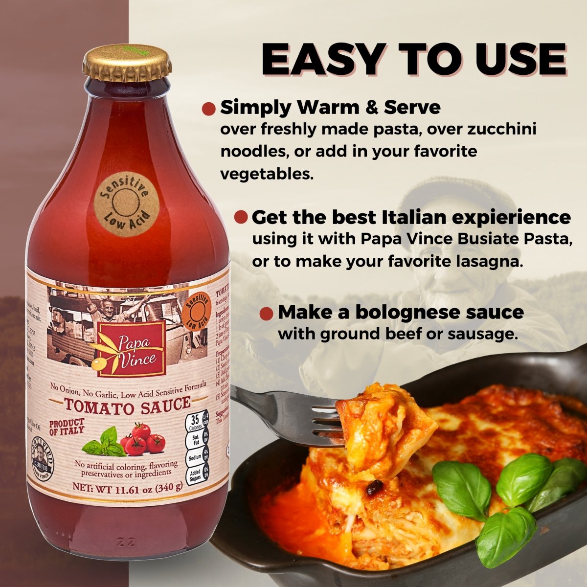 Papa Vince Pasta Tomato Sauce - Glass Canned, Clean Food, No Sugar Added, Low Acid for sensitive stomach | from Sicily, Italy, made with vine-ripened tomatoes handpicked at the peak of freshness to ensure exceptional taste 11.6 oz - Papa Vince