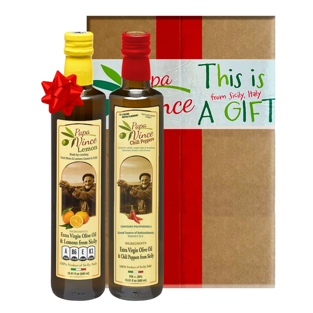 Polyphenol Rich Olive Oil Extra Virgin from Sicily, Italy. Chili Pepper & Lemon Fused Olive Oil. Agrumato, Unblended, First Cold Pressed, Single Sourced, Unfiltered, Unrefined, Robust, Mild hot finish, High in Antioxidants EVOO Gift Set - Papa Vince