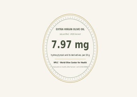 Papa Vince 2026 lab result: 7.97 mg hydroxytyrosol and its derivatives per 20 g, HPLC-verified by the World Olive Center