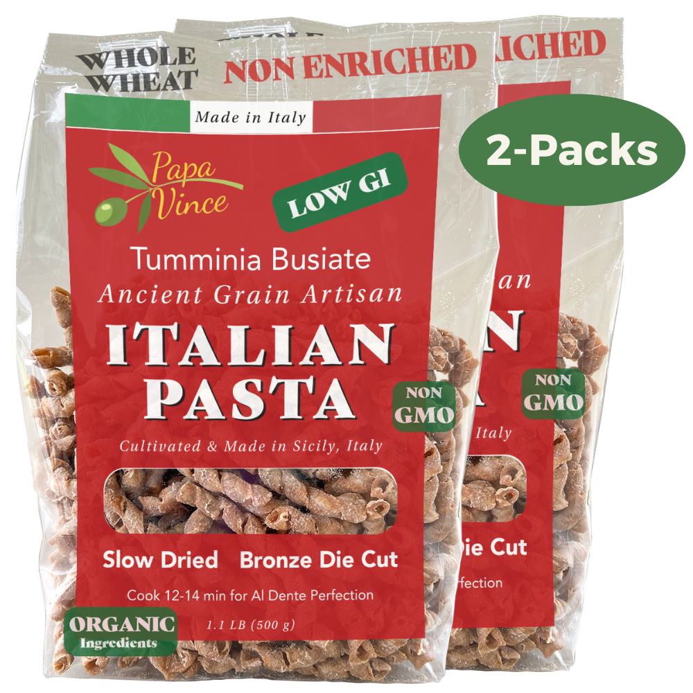 Whole wheat pasta, non Enriched, no folic acid, low gluten ancient grains, non-gmo, organic, sicily Italy bronze die cut stone grinding, al dente Papa Vince 2Pack